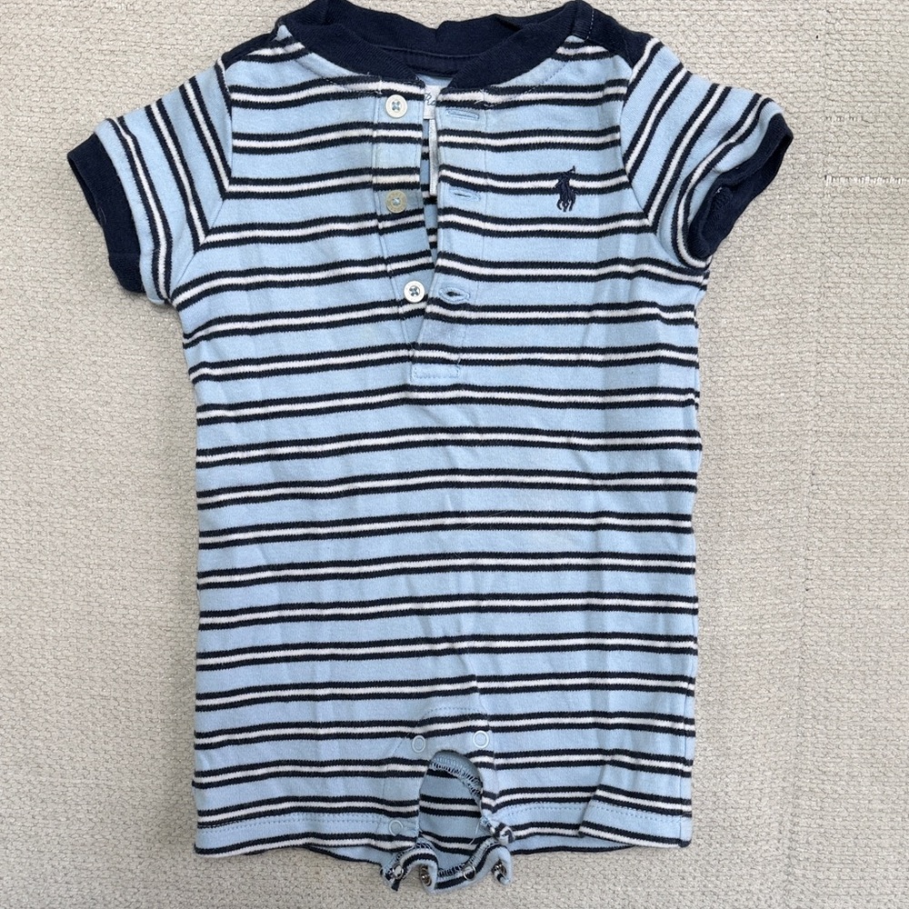Ralph Lauren Light Blue & Navy Striped Baby Romper
